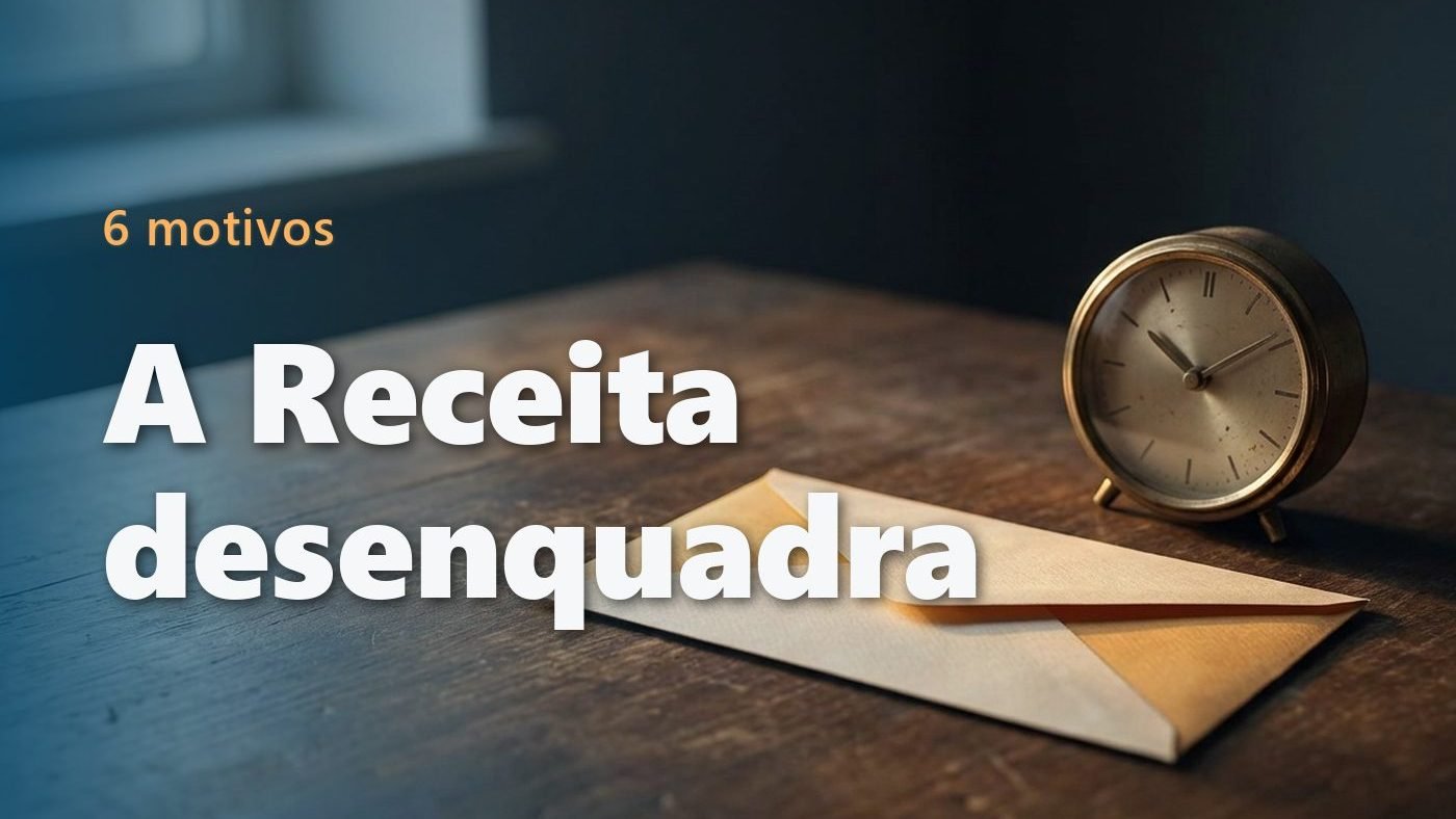 Envelope de papel fechado sobre uma mesa de madeira escura, ao lado de um relógio de mesa dourado, com janela ao fundo