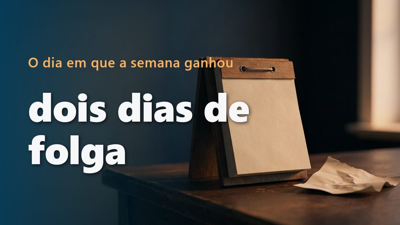 Bloco de calendário de mesa antigo com as páginas em branco e uma folha arrancada ao lado, sobre mesa de madeira escura