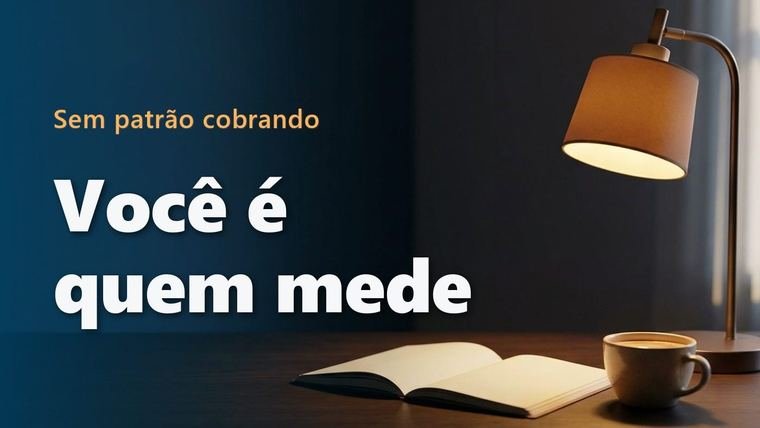 Luminária acesa ao entardecer sobre uma mesa de trabalho em casa, com um caderno aberto e uma xícara de café